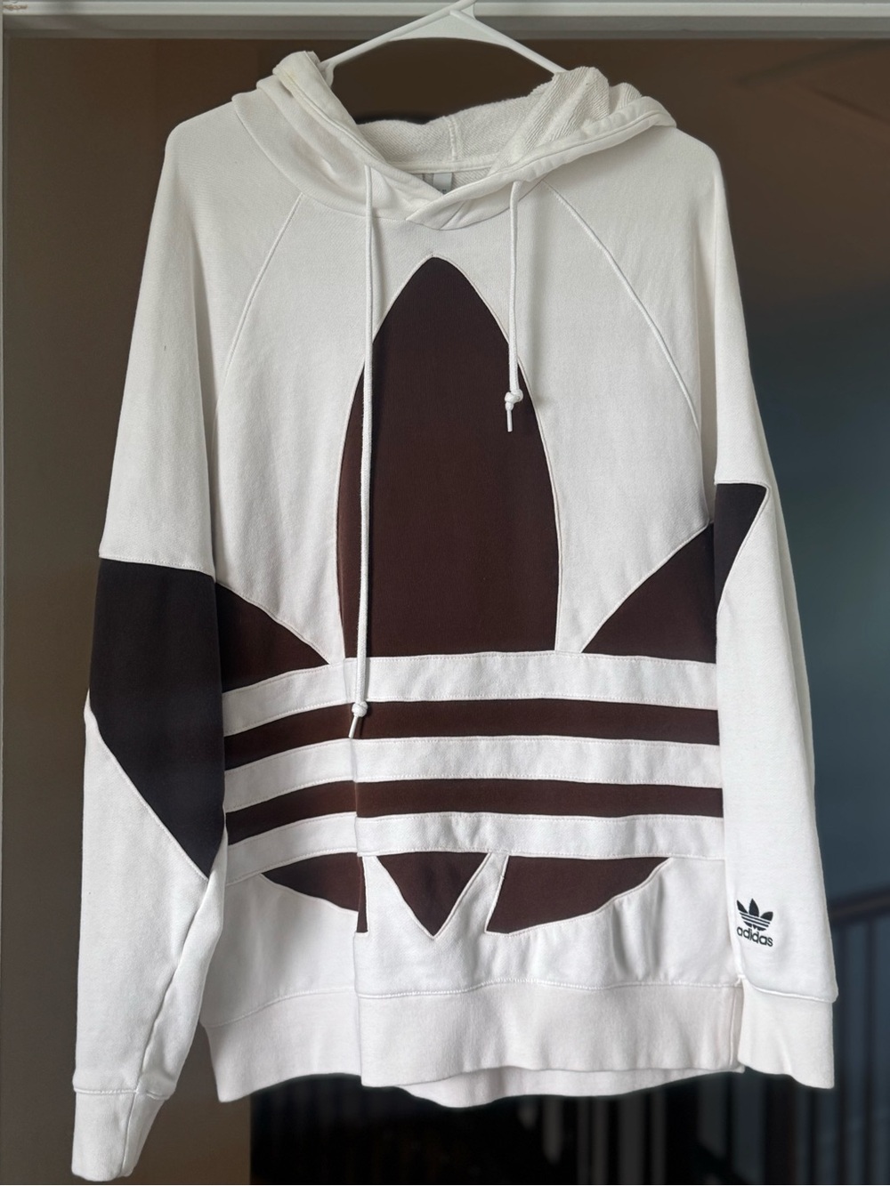 Men’s’ Adidas White Hoodie with Brown Trefoil Graphic